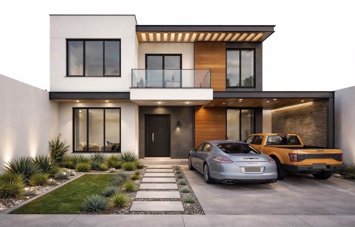 Fachada de residencia contemporánea con madera, concreto e iluminación arquitectónica diseñada por Architecture Meter