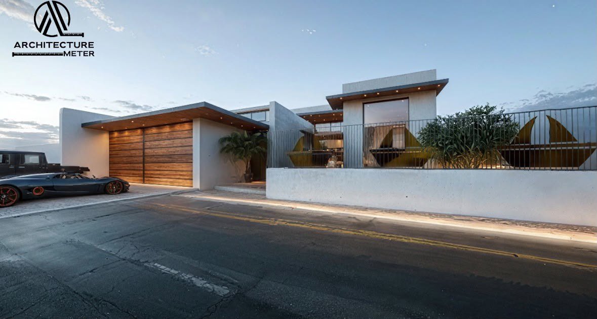 Residencia horizontal con cochera de madera, concreto aparente e iluminación perimetral al atardecer