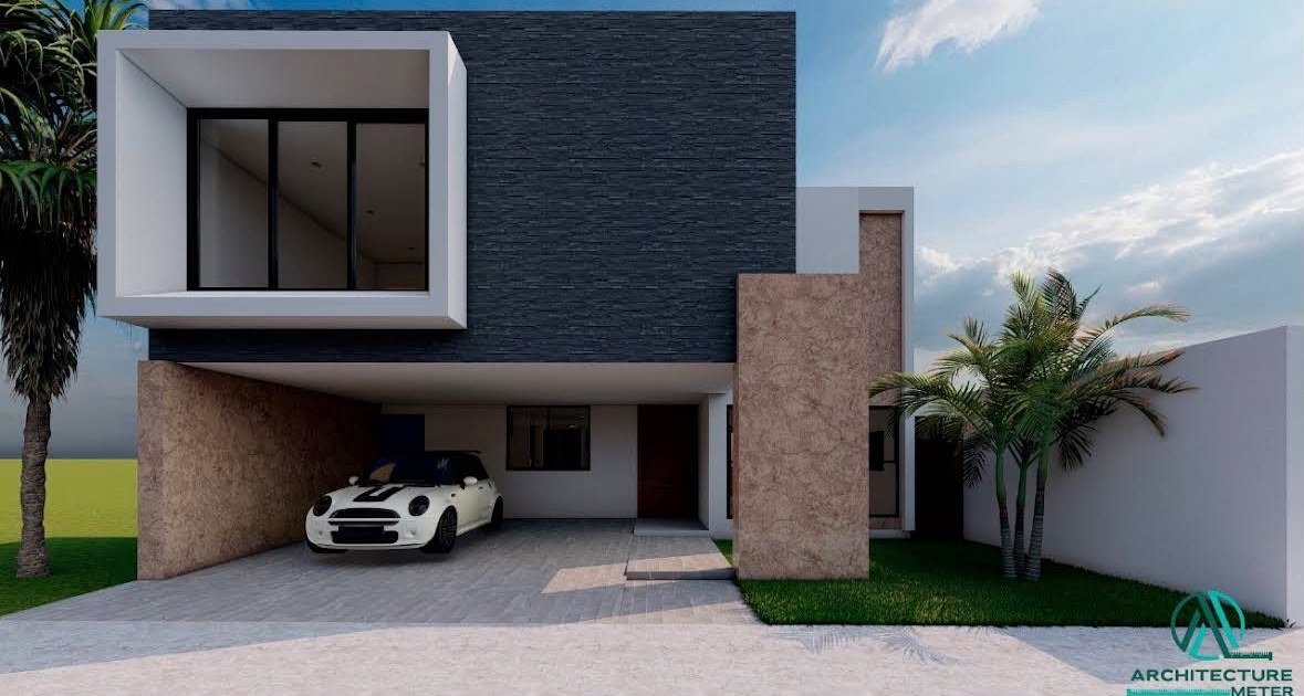 Casa de dos niveles con volumen blanco en voladizo, muro de piedra oscura y cochera abierta